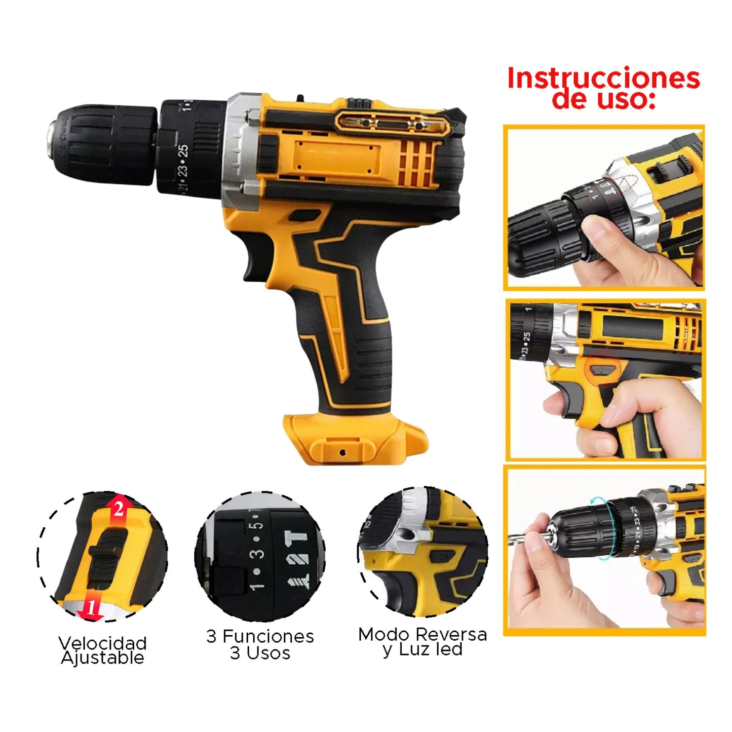 WOW 🔥 SOLO POR $174.990💥🔧 Taladro 48V con Mandril Metálico + 🔋 2 baterías +⚡ Cargador + 🧰 19 brocas y puntas + Maletín Rígido