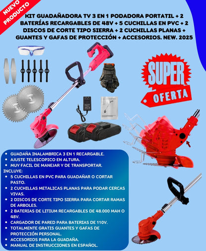 ⚡ Kit Premium Guadaña Portátil 🌾 con 2 Baterías + Cuchillas + Protección