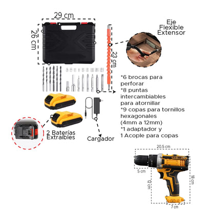 WOW 🔥 SOLO POR $169.990💥🔧 Taladro 48V con Mandril Metálico + 🔋 2 baterías +⚡ Cargador +  🧰 19 brocas y puntas + Maletín Rígido + 90 Días de Garantía