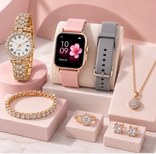 🎁 El Regalo Que Lo Tiene Todo + ⌚ ⌚ 1 Reloj Inteligente A58 Plus 🎀 2 correas intercambiables 💎 1 reloj tipo joyería 📿 1 collar ✨ 1 pulsera 💍 1 anillo 🌟 1 par de aretes ⚡ 1 cargador