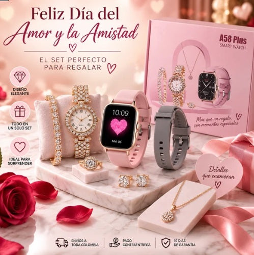 🎁 El Regalo Que Lo Tiene Todo + ⌚ ⌚ 1 Reloj Inteligente A58 Plus 🎀 2 correas intercambiables 💎 1 reloj tipo joyería 📿 1 collar ✨ 1 pulsera 💍 1 anillo 🌟 1 par de aretes ⚡ 1 cargador