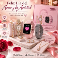 🎁 El Regalo Que Lo Tiene Todo + ⌚ ⌚ 1 Reloj Inteligente A58 Plus 🎀 2 correas intercambiables 💎 1 reloj tipo joyería 📿 1 collar ✨ 1 pulsera 💍 1 anillo 🌟 1 par de aretes ⚡ 1 cargador