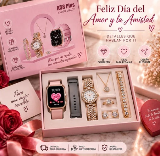 🎁 El Regalo Que Lo Tiene Todo + ⌚ ⌚ 1 Reloj Inteligente A58 Plus 🎀 2 correas intercambiables 💎 1 reloj tipo joyería 📿 1 collar ✨ 1 pulsera 💍 1 anillo 🌟 1 par de aretes ⚡ 1 cargador