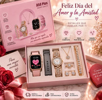 🎁 El Regalo Que Lo Tiene Todo + ⌚ ⌚ 1 Reloj Inteligente A58 Plus 🎀 2 correas intercambiables 💎 1 reloj tipo joyería 📿 1 collar ✨ 1 pulsera 💍 1 anillo 🌟 1 par de aretes ⚡ 1 cargador