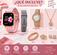 🎁 El Regalo Que Lo Tiene Todo + ⌚ ⌚ 1 Reloj Inteligente A58 Plus 🎀 2 correas intercambiables 💎 1 reloj tipo joyería 📿 1 collar ✨ 1 pulsera 💍 1 anillo 🌟 1 par de aretes ⚡ 1 cargador