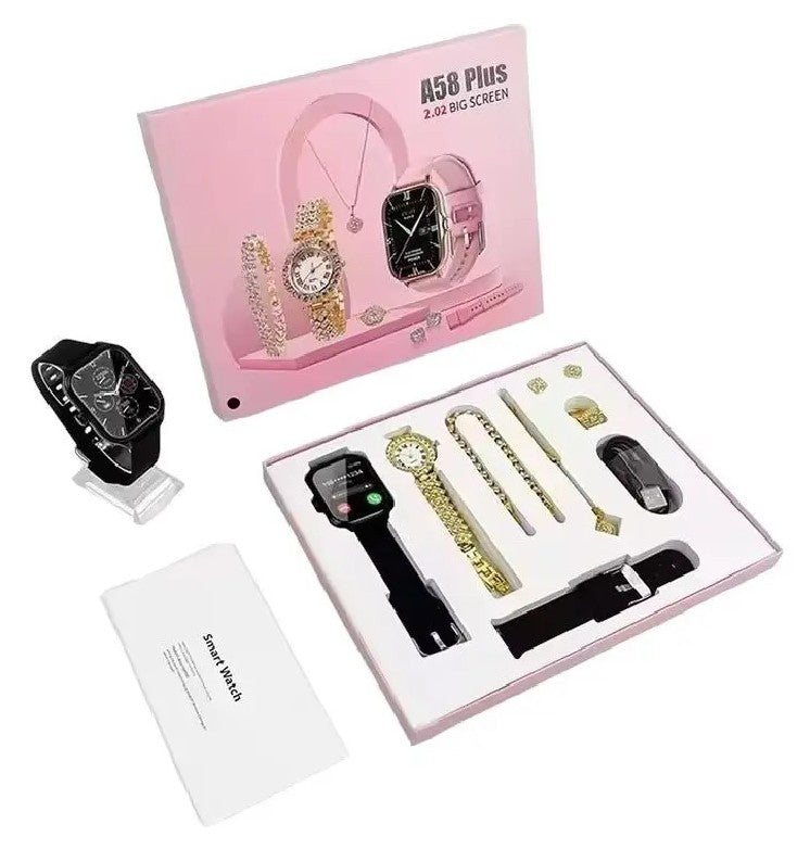 🎁 El Regalo Que Lo Tiene Todo + ⌚ ⌚ 1 Reloj Inteligente A58 Plus 🎀 2 correas intercambiables 💎 1 reloj tipo joyería 📿 1 collar ✨ 1 pulsera 💍 1 anillo 🌟 1 par de aretes ⚡ 1 cargador