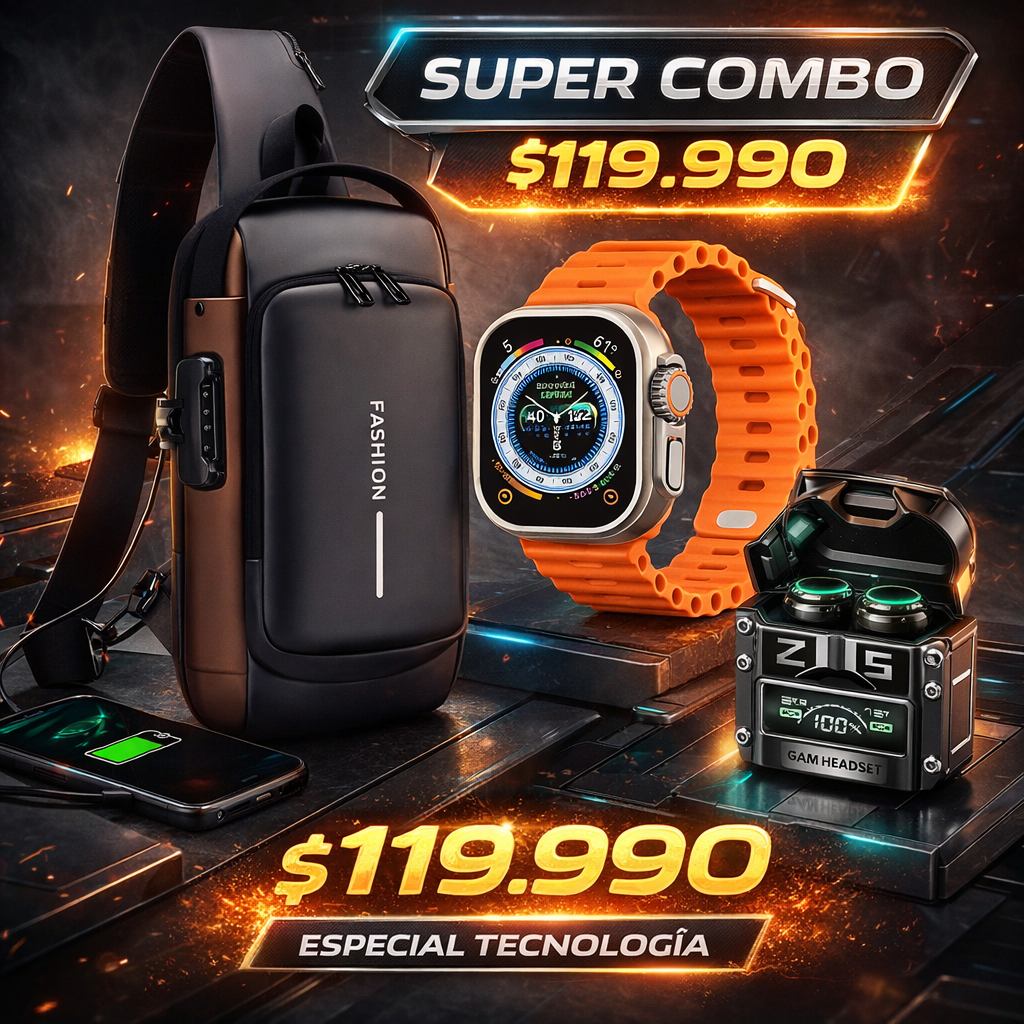Combo Todo en Uno 🎧🎒 SmartWatch + Audífonos + Bolso Antirrobo — UN SOLO COMBO. UN SOLO PRECIO.