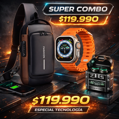 Combo Todo en Uno 🎧🎒 SmartWatch + Audífonos + Bolso Antirrobo — UN SOLO COMBO. UN SOLO PRECIO.