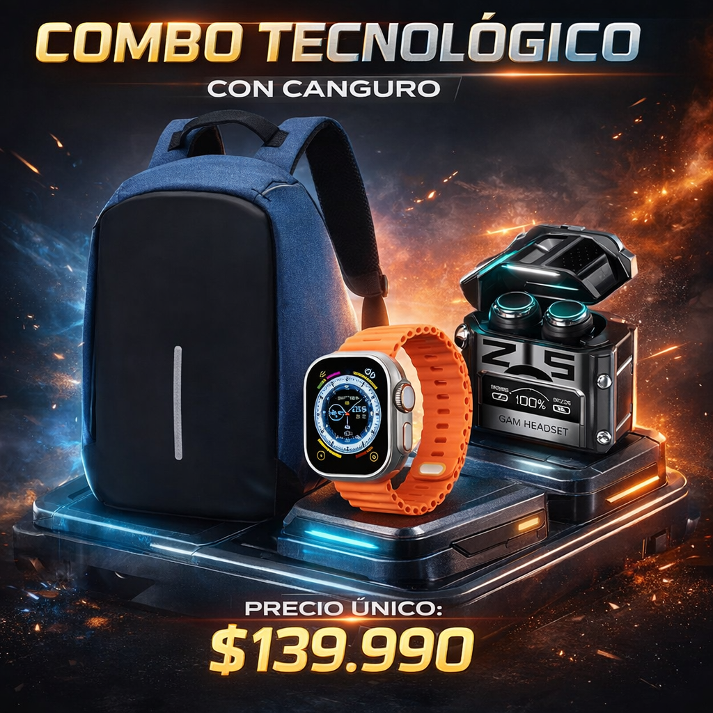 Combo Todo en Uno 🎧🎒 SmartWatch + Audífonos + Bolso Antirrobo — UN SOLO COMBO. UN SOLO PRECIO.