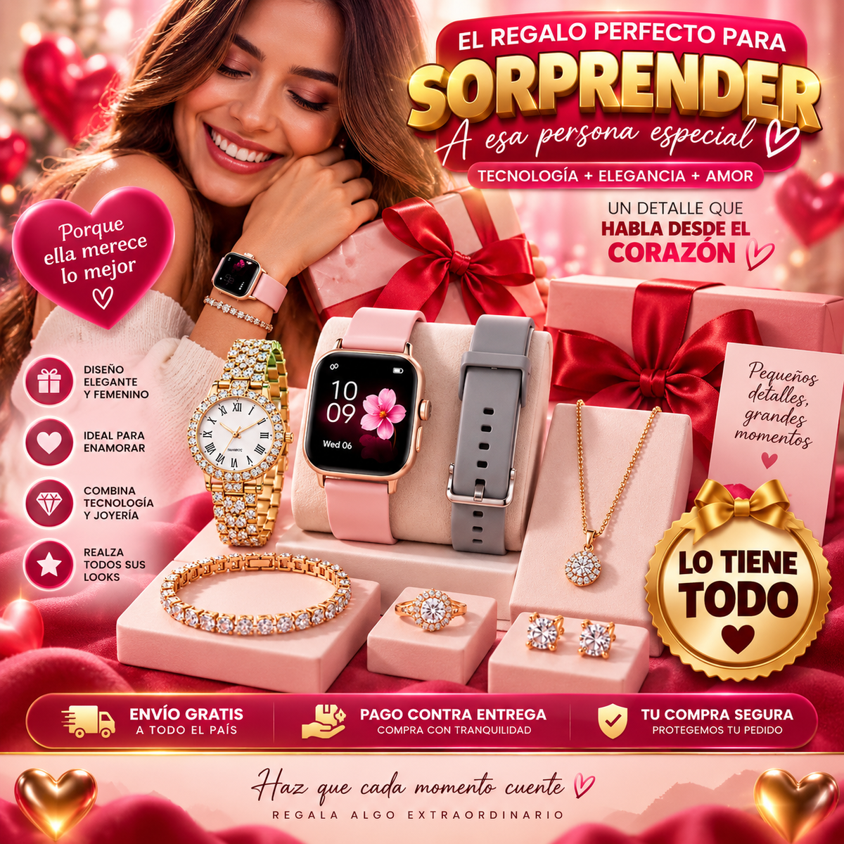 🎁 El Regalo Que Lo Tiene Todo + ⌚ ⌚ 1 Reloj Inteligente A58 Plus 🎀 2 correas intercambiables 💎 1 reloj tipo joyería 📿 1 collar ✨ 1 pulsera 💍 1 anillo 🌟 1 par de aretes ⚡ 1 cargador