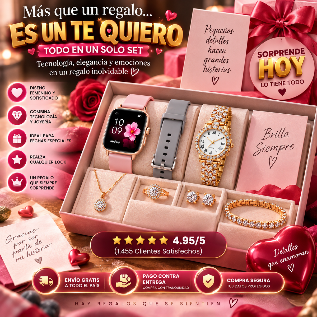 🎁 El Regalo Que Lo Tiene Todo + ⌚ ⌚ 1 Reloj Inteligente A58 Plus 🎀 2 correas intercambiables 💎 1 reloj tipo joyería 📿 1 collar ✨ 1 pulsera 💍 1 anillo 🌟 1 par de aretes ⚡ 1 cargador