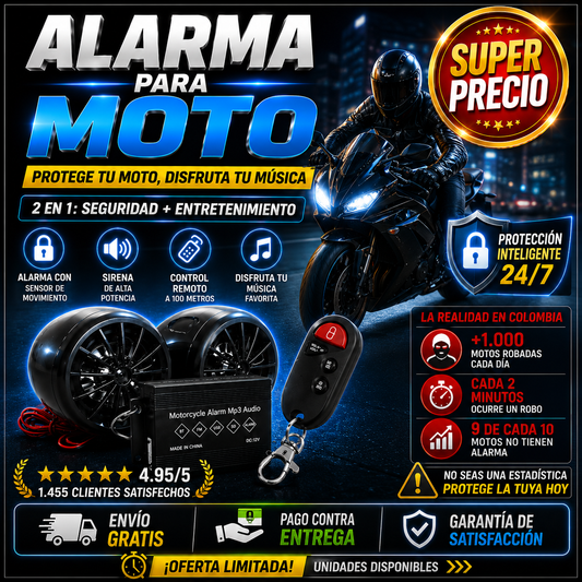 🔒🎵 Alarma para Moto Bluetooth MP3 FM + Control Remoto 100m | MotoSound™ 💥WOW SOLO $129.990🎁