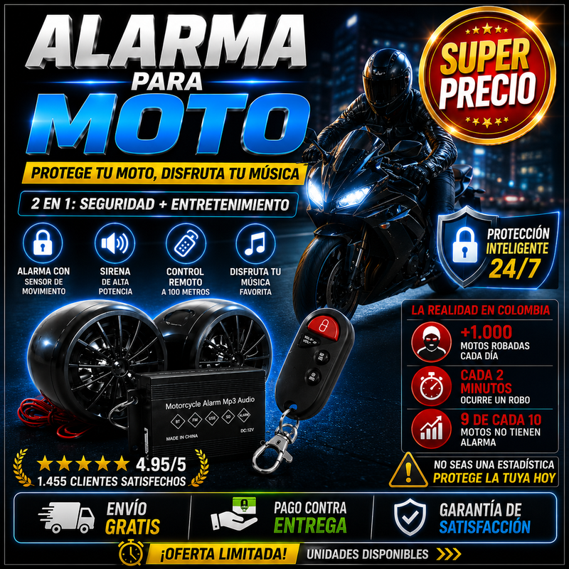 🔒🎵 Alarma para Moto Bluetooth MP3 FM + Control Remoto 100m | MotoSound™ 💥WOW SOLO $129.990🎁